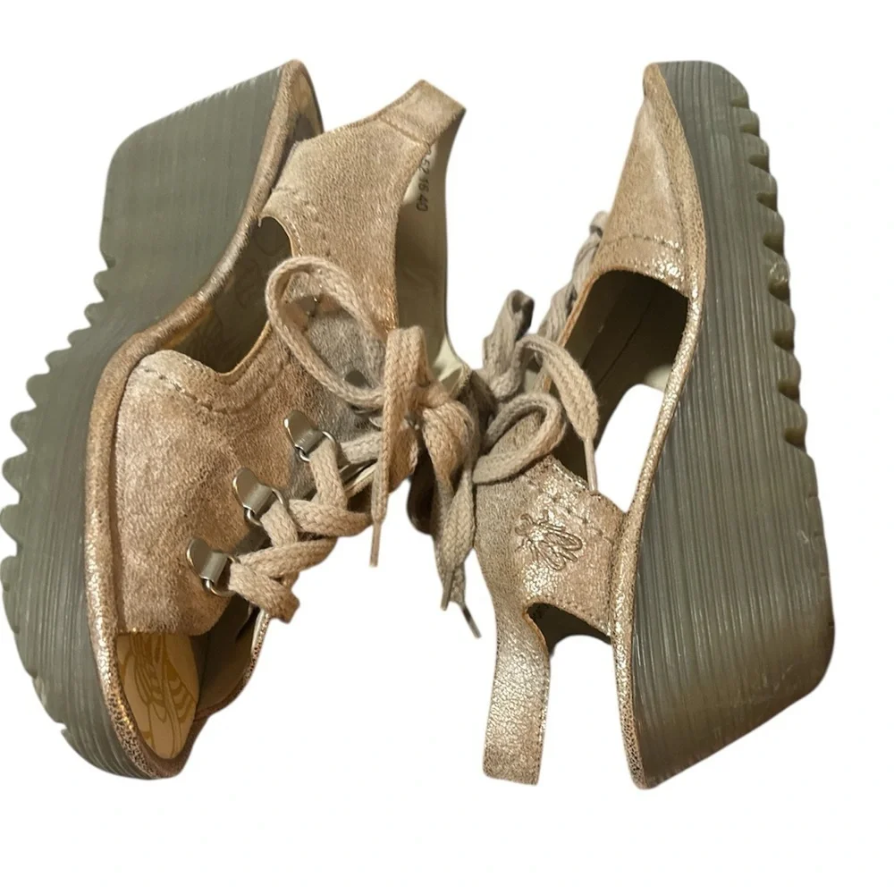 Fly London Lace-up Metallic Leather Wedge Peep Toe Sandals Gold Rose Sz 40